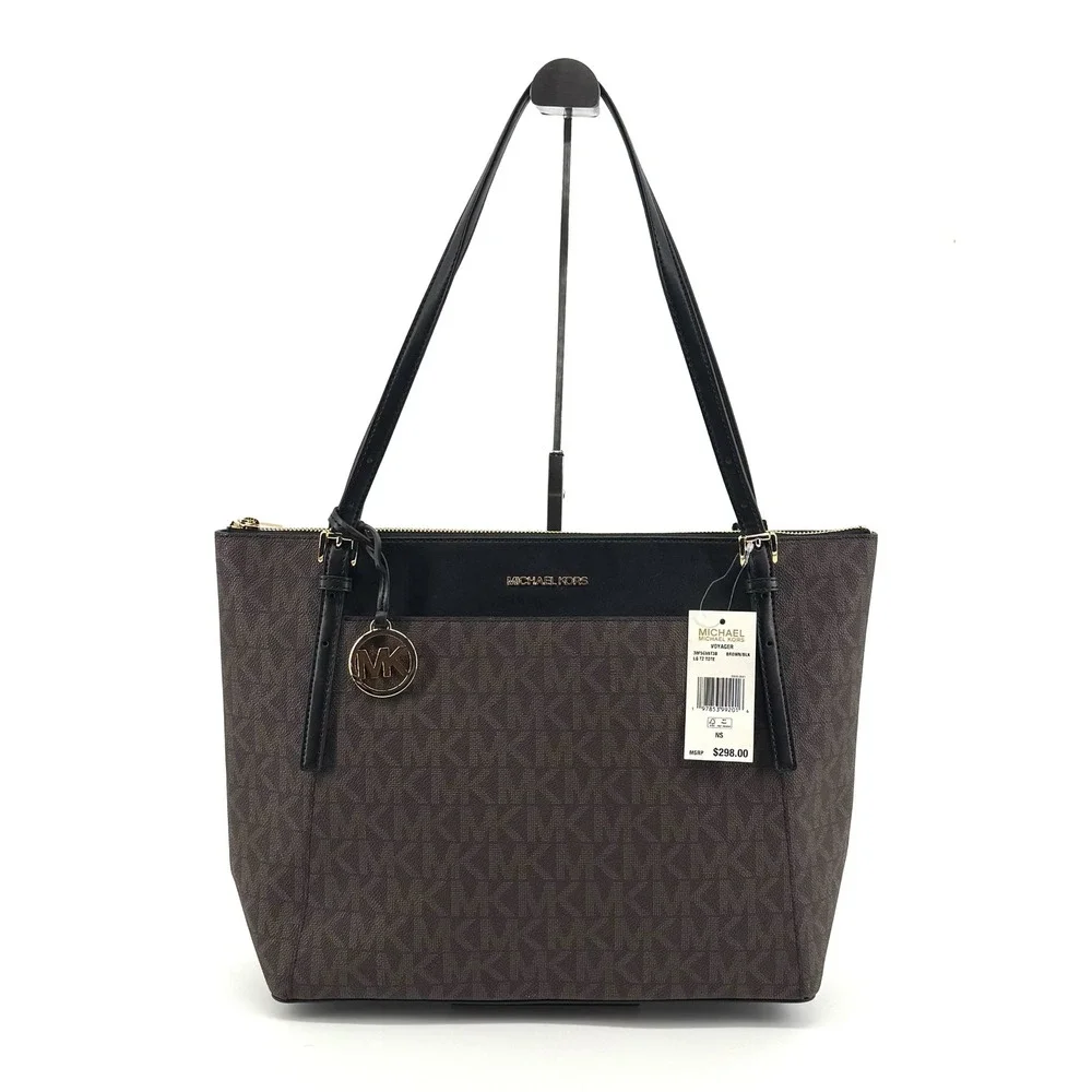 Michael Kors Voyager Tote Bag Womens Brown Black Gold Logo Zipper Work Purse NWT